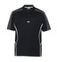 A black polo shirt featuring white accents and a logo on the chest, designed for youth.