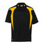 A black polo shirt with yellow spliced accents and a logo on the chest area. Suitable for casual wear or promotion.