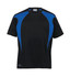 A black T-shirt with blue spliced panels and a logo on the front.