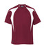A maroon and white T-shirt with a sporty design and a logo on the front.