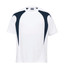 A white T-shirt with navy spliced accents, featuring short sleeves and a logo.