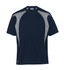A navy blue t-shirt with grey spliced accents and a logo on the front. Short-sleeved design.