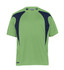 A green and navy spliced T-shirt with short sleeves, featuring a logo on the front.