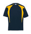 A short-sleeved T-shirt featuring a spliced design in navy blue and yellow, with a logo on the front.