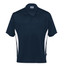 A navy polo shirt featuring white side panels and a collar, with a branding logo.