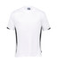 A white T-shirt with black side accents and short sleeves, featuring a logo.