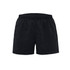 Black sports shorts with an elastic waistband, featuring a logo on the front. Suitable for active wear.