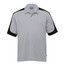 A grey and black Dri Gear Challenger Polo, featuring short sleeves and a collar, with a logo.