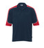 A navy polo shirt with red shoulders and white piping, featuring a logo on the front.