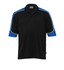 A black polo shirt with blue sleeves and a white trim, featuring a logo on the chest.