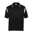 A black polo shirt with white accents and a logo on the chest, featuring a classic collar and short sleeves.