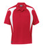 A red polo shirt with white spliced panels and a collar, featuring a logo on the side.