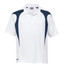 A white polo shirt with navy spliced detailing and a logo on the chest. Suitable for casual or athletic wear.