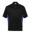 A black polo shirt with blue side panels and a collar, featuring a logo on the upper left side.