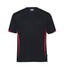A black t-shirt featuring red accents and a logo on the front. Short sleeves and casual design.
