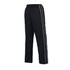 Black track pants with white twin stripes and an elastic waistband. Features a logo on the waistband.
