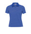 A women's polo shirt in blue with white horizontal stripes, featuring a collar and a logo on the chest.