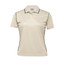 A women's polo shirt in a light beige colour with black piping and a logo on the chest.