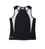 A women's singlet in black with white spliced panels, featuring a logo on the bottom.