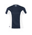 A women's navy and white active t-shirt featuring a logo, designed for performance.