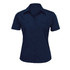 A button-up women's shirt in navy blue with short sleeves and a fitted design, featuring a logo on the collar.