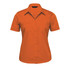 An orange women's button-up shirt with short sleeves and two front pockets. Features a logo on the label.