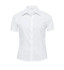 A white short sleeve button-up shirt for women, featuring a fitted design and a logo on the collar.