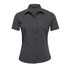 A dark grey short sleeve button-up shirt for women, featuring a collar and a simple buttoned design.