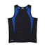 A black singlet with blue spliced details, featuring a logo on the lower edge. Ideal for active wear.