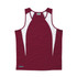 A burgundy singlet with white spliced panels and a logo on the bottom. Ideal for sports and active wear.