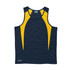 A navy and yellow spliced singlet featuring a logo, designed for youth wear.