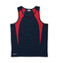 A navy and red youth singlet featuring a sleek spliced design, with a logo on the hem.