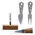 A cheese board set featuring two stainless steel knives, a corkscrew, and a wooden wine bottle stopper.