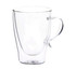 A clear glass coffee cup with a tapered shape and a handle, featuring a distinctive double-wall design.
