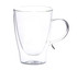 A clear glass coffee cup with a curved design and a handle, showcasing an elegant drinkware style.