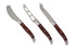 A set of three cheese knives with stainless steel blades and polished wooden handles.