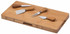 A bamboo cheese board set featuring four stainless steel cheese knives with wooden handles.