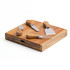 A wooden clamshell cheese board with four stainless steel cheese knives, featuring a natural wood finish.