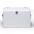 A white cooler box with a metal latch and handles, featuring a simple design and a logo.