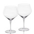 A glass set featuring two clear, stemmed wine glasses with a wide bowl design.