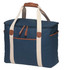 A navy cooler bag with tan accents and a zippered compartment, featuring two sturdy handles.
