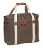 A brown cooler bag with cream straps and a zippered pocket, featuring a leather handle and branding.