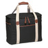 A black cooler bag with beige straps and a brown leather handle, featuring a front pocket and a zip closure.