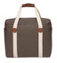 A cooler bag in khaki green with cream straps and a brown handle, featuring side pockets and a logo.