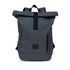 A grey roll-top backpack with adjustable straps, a front zip pocket, and a small logo patch.
