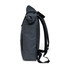 A grey roll top backpack with adjustable straps, zippers, and a branding logo on the side.