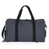 A grey duffle bag with black straps and a shoulder strap. It features a logo on the side.