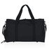 A black duffle bag with adjustable straps and a logo, featuring a zipped main compartment.