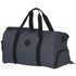 A grey duffle bag with black handles, featuring a logo and a sleek design.