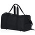 A black duffle bag with double handles, an adjustable shoulder strap, and a logo on the side.